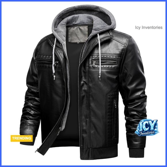 Men's PU Faux Leather Motorcycle Bomber Jacket with Removable Hood